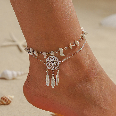 Plastic Imitation Gemstone Chip Beaded Alloy Woven Web/Net with Feather Double Layer Anklets for Women FS-WG3D403-05-1