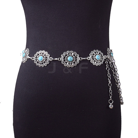 Alloy with Synthetic Turquoise Oval Flower Link Chain Waist Chains for Women FS-WG10943-01-1