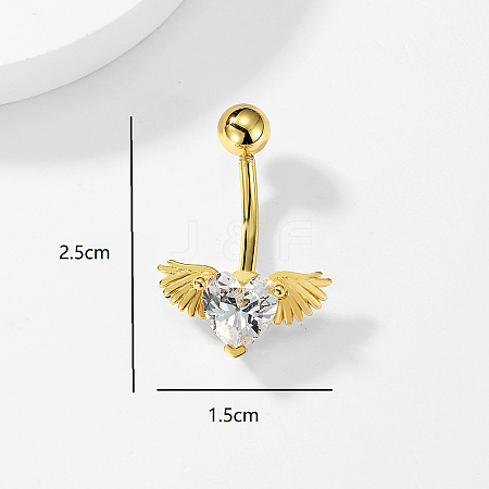 Stylish Heart with Angel Wings 201 Stainless Steel Pave Clear Cubic Zirconia Belly Button Ring for Women Men LS-KH5304-1