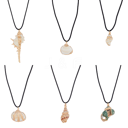 ANATTASOUL 6Pcs 6 Style Natural Shell Pendant Necklaces Set with Wax Cords for Women NJEW-AN0001-42-1