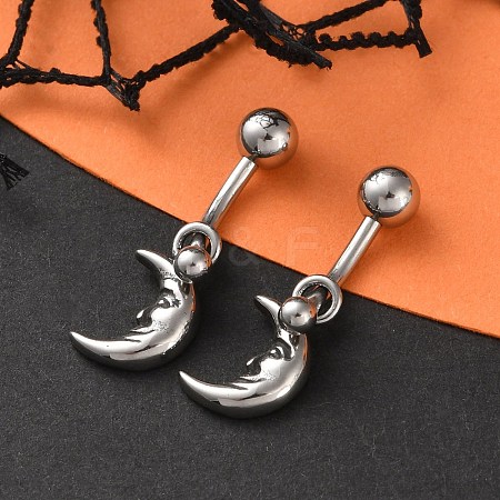 Crescent Moon Face 316 Surgical Stainless Steel Dangle Belly Button Rings EJEW-G416-14AS-1