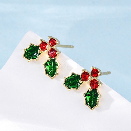 Cubic Zirconia Cherry Stud Earrings with Enamel EJEW-P199-14G-1