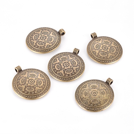 Tibetan Style Flat Round with Flower Alloy Big Pendants X-TIBEP-Q056-15AB-NR-1