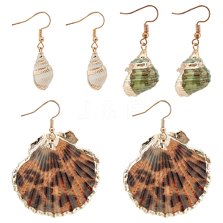 ANATTASOUL 3 Pairs 3 Styles Natural Shell Dangle Earrings EJEW-AN0002-76-1