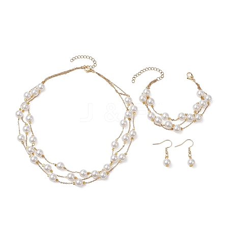 Round ABS Plastic Imitation Pearl Beads Necklace & Bracelet & Dangle Earring Sets for Women SJEW-JS01306-1