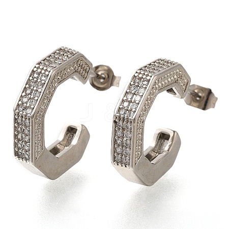 Rack Plating C-Shaped Brass Pave Clear Cubic Zirconia Stud Earrings EJEW-I310-08P-1