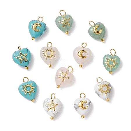 Mixed Stone Heart Charms with Golden Tone Metal Sun Moon Star Slices PALLOY-JF02763-1