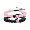 2Pcs Round Dyed Natural Pink Jade & Black Howlite Couple's Love Magnetic Attraction Braided Bead Bracelet Sets ZF3957-1