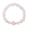 Natural Rose Quartz & Cultured Freshwater Pearl Round Beads Stretch Bracelets for Women BJEW-JB13086-02-2