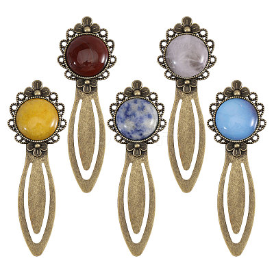 5Pcs Round Natural Rose Quartz & Blue Spot Jasper & Dyed White Jade & Dyed Agate & Opalite Bookmarks AJEW-CA00018-1