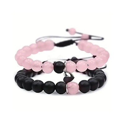 2Pcs Round Dyed Natural Pink Jade & Black Howlite Couple's Love Magnetic Attraction Braided Bead Bracelet Sets ZF3957-1