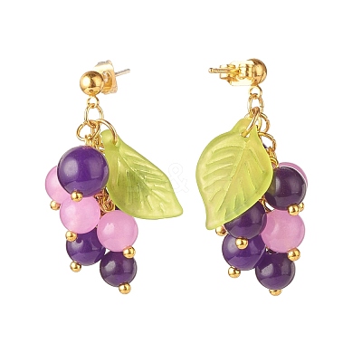 Natural Malaysia Jade Grape with Acrylic Leaf Dangle Stud Earrings EJEW-JE04912-1