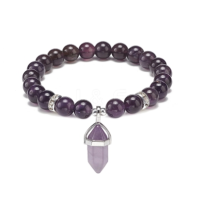 Natural Amethyst Round Beaded Stretch Bracelet with Bullet Charms BJEW-JB09018-04-1