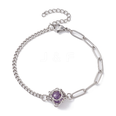Natural Gemstone Round Link Bracelet BJEW-JB10032-02-1