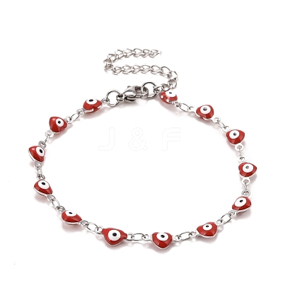 Enamel Heart with Evil Eye Link Chains Bracelet BJEW-P271-07P-01-1