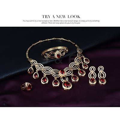 Teardrop Alloy Rhinestone Pendant Necklaces & Stud Dangle Earrings & Bangles & Rings Sets FS-WGBA23F-01-1