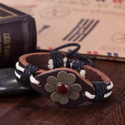 Adjustable Casual Unisex Flower Leather Bracelets BJEW-BB15621-1