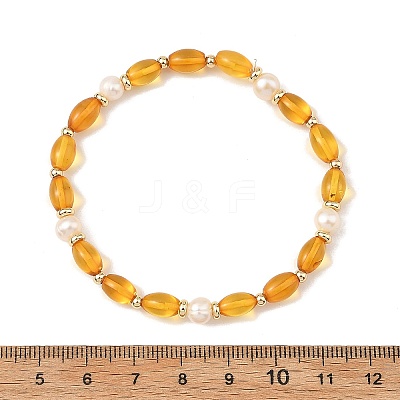 Oval Natural Baltic Amber & Natural Cultured Freshwater Pearl & Brass Beaded Stretch Bracelets for Women BJEW-JB14171-1