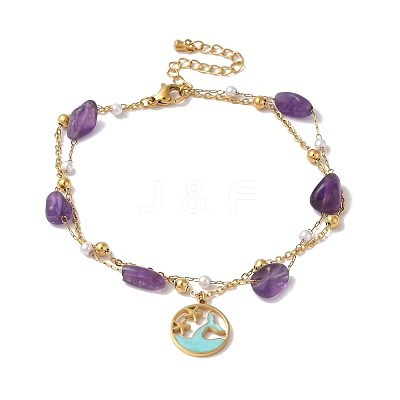 Nuggets Natural Amethyst & Imitation Pearl Multi-Strand Anklets BJEW-P326-03B-G-1