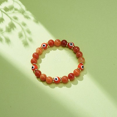 Natural Red Aventurine & Lampwork Evil Eye Round Beaded Stretch Bracelet BJEW-JB08713-04-1