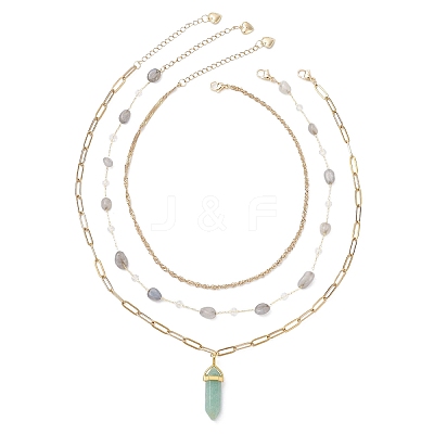 Natural Green Aventurine Double Terminated Pointed Bullet Pendant 304 Stainless Steel & Brass Chain 3 Layer Necklaces for Women NJEW-JN05477-02-1