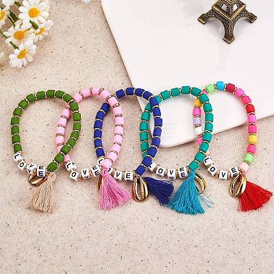 5Pcs 5 Colors Word Love Beads Stretch Bracelets Set for Girl Women BJEW-SZ0001-97-1