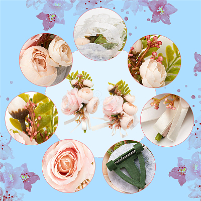 2Pcs 2 Style Silk Cloth Rose Flower Boutonniere Brooch & Wrist Corsage AJEW-CP0001-52-1