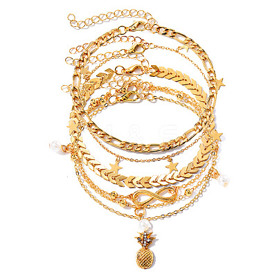 Alloy & Imitation Pearl Round Star Pineapple Charm 5 Layer Anklets for Women FS-WG8DB57-01-1