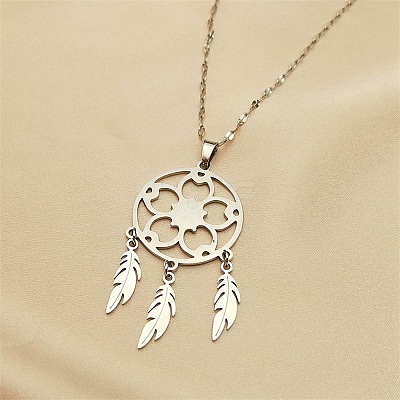 Non-Tarnish Woven Net/Web with Feather 201 Stainless Steel Boho Pendant Necklaces for Women NJEW-G087-04P-1