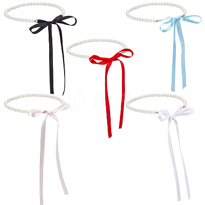 5Pcs 5 Colors ABS Plastic Pearl Round Beaded with Polyester Cord Pendant Necklaces for Women NJEW-CY0001-03-1