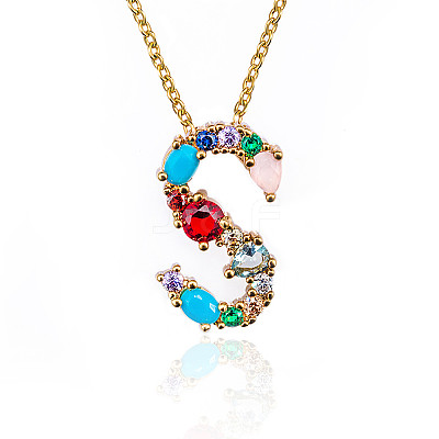 Golden Brass Micro Pave Cubic Zirconia Initial Pendants Necklaces NJEW-S069-JN002-S-1