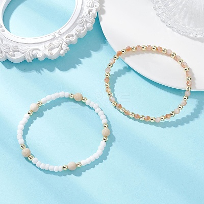 2Pcs Natural Fossil & Glass Round Beaded Stretch Bracelets for Women BJEW-JB13308-1