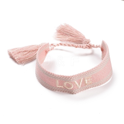 Word Love Polycotton(Polyester Cotton) Braided Bracelet with Tassel Charm BJEW-F429-07-1