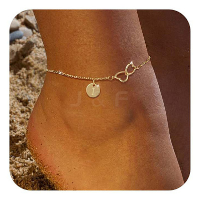 Brass Double Heart Link Flat Round Initial Charm Anklets for Women FS-WGA84B7-12-1