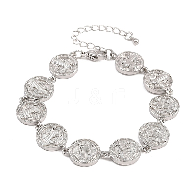 Flat Round with Saint Benedict Brass Link Chain for Women BJEW-K248-06A-P-1