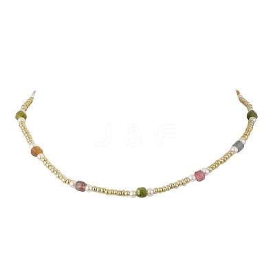 Faceted Cube Natural Multicolor Tourmaline and Glass Seed Beads Beaded Necklaces for Women NJEW-JN06668-1