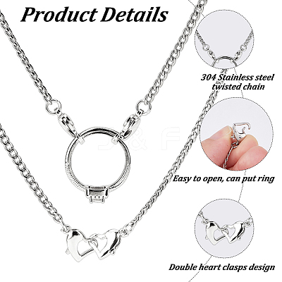 304 Stainless Steel Twisted Chain Necklaces with Double Heart Clasps NJEW-HS00012-1
