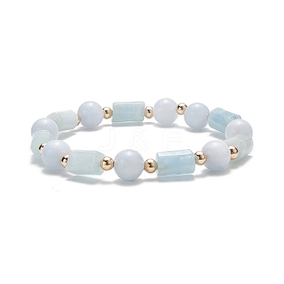 Natural Aquamarine Column & Round Stretch Bracelet for Women BJEW-JB09351-03-1