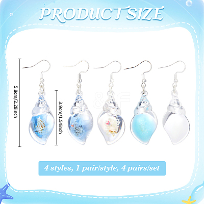 4 Pairs 4 Styles Luminous Transparent Resin & Acrylic Conch Shape Dangle Earrings EJEW-PH01466-1