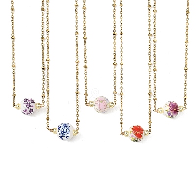 Handmade Flower Printed Porcelain Round Pendant 304 Stainless Steel Satellite Chain Necklaces for Women NJEW-JN06473-1