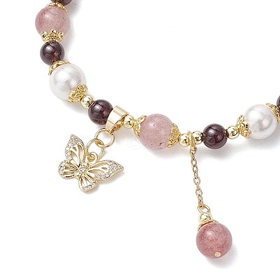 Natural Garnet & Strawberry Quartz and Shell Pearl Beads Stretch Bracelets BJEW-JB11821-1