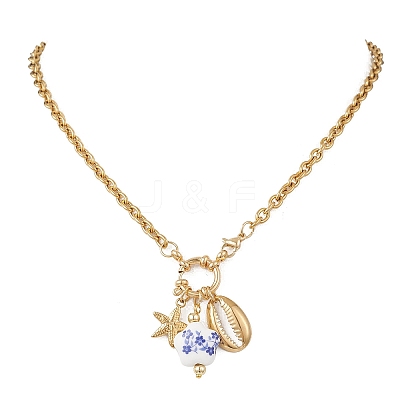 White and Blue Porcelain Flower & 304 Stainless Steel Starfish and Shell Shape Pendant Necklaces for Women NJEW-JN05648-1