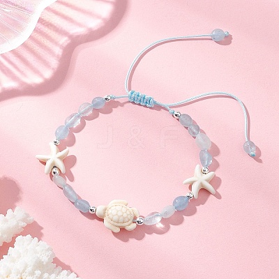 Natural Aquamarine & Synthetic Synthetic Turquoise Beads Braided Bead Bracelets BJEW-JB13275-01-1