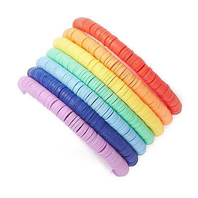 7Pcs 7 Colors Handmade Polymer Clay Heishi & Brass Bead Stretch Bracelets for Women BJEW-MZ00199-1
