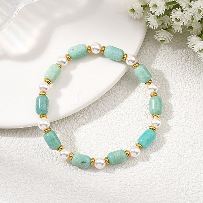 Natural Amazonite & Shell Pearl & Brass Beads Stretch Bracelets for Women BJEW-JB13865-03-1