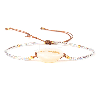 Natural Cowrie Shell & Seed Braided Bead Bracelet BJEW-A23-01-30-A-1