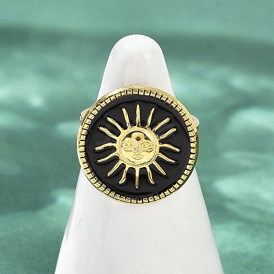 Flat Round with Sun Pattern 304 Stainless Steel Enamel Finger Rings for Women RJEW-G355-05G-1