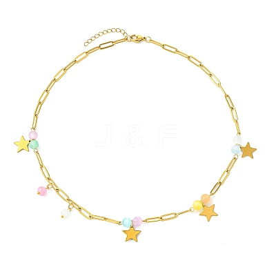 304 Stainless Steel Paperclip Chain Star Pendant Necklaces with Dyed Natural Selenite Beads for Women NJEW-JN06251-03-1