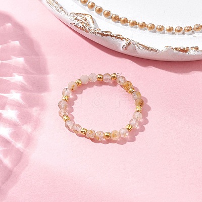 Natural Gold Rutilated Quartz Beaded Stretch Rings for Women RJEW-JR00868-11-1