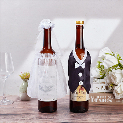 2 Sets Organza & Cloth Bride and Groom Wine Bottle Cover AJEW-CP0001-47-1